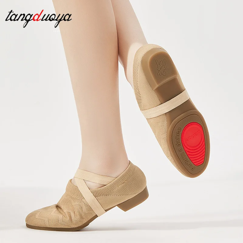 

Балетки для женщин и девочек, балетки, эластичные танцевальные туфли, балетки на низком каблуке, одинарные шнурки, вязаная ткань, балетки