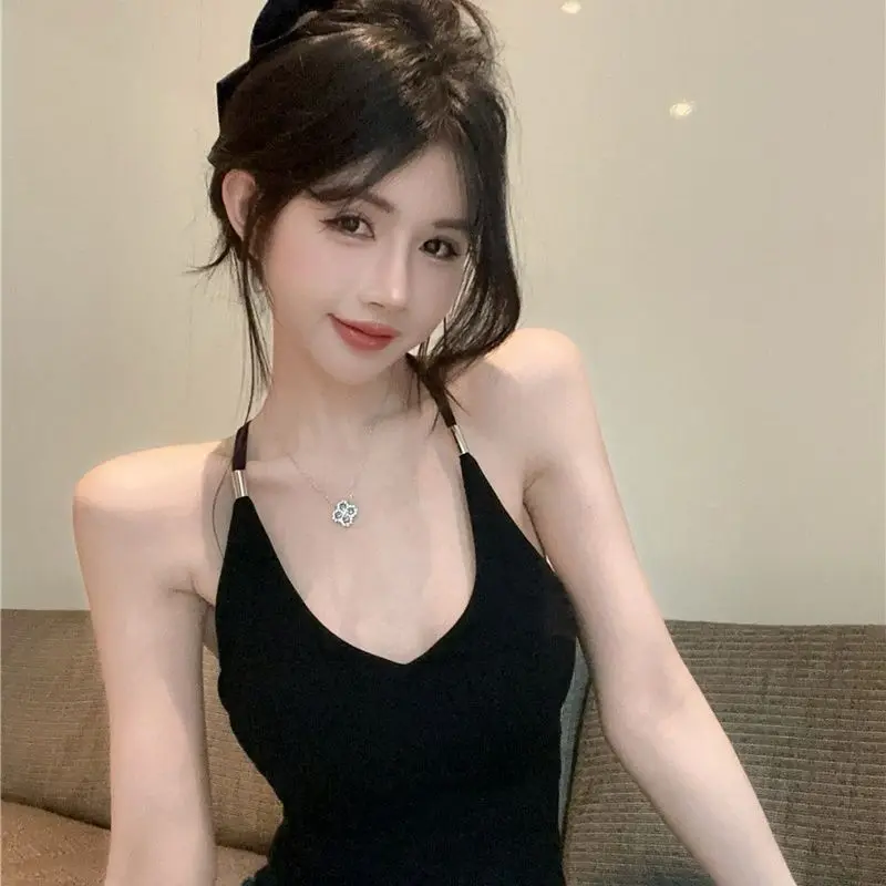 Sexy V-Neck Strap Vest Women's Summer Thai Style Spicy Girl Neck Hanging Strap Top with Chest Pad Inner Wear A-Line Narrow St...