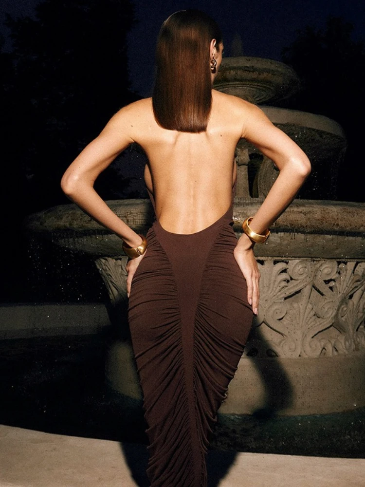 XIAOTANG タートルネック背中の開いたシャーリングセクシーなマキシドレス女性ブラウンオフショルダー背中の開いたボディコンクラブパーティーロングドレス女性