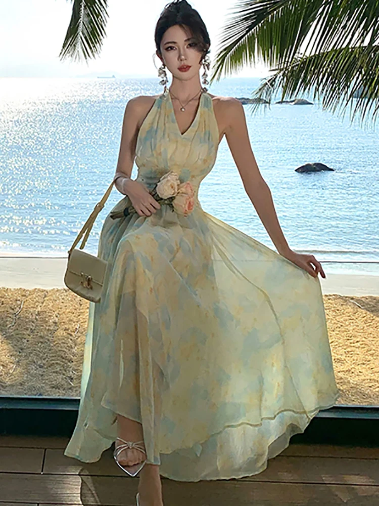 2025 Floral Chiffon Chic Diamonds Bow Neck-mounted Dress Women Elegant Beach Style Maxi Dress Summer Korean Bodycon Party Dress