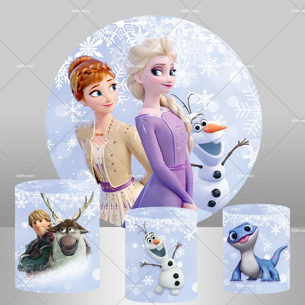 Couverture d'arrière-plan de photographie ronde Anna Elsa la reine des neiges, couverture de cylindre de fond de fête d'anniversaire pour filles, bonhomme de neige, réception-cadeau pour bébé