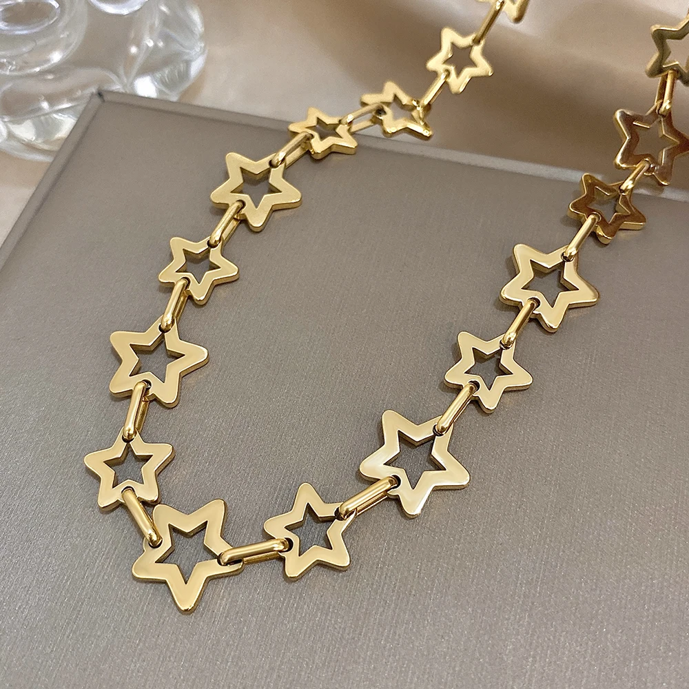 Mode Edelstahl Gold Silber Farbe Halskette für Frauen Nette Hohle Sterne Link Kette Halsketten Wasserdicht Schmuck Geschenke – Detail 10