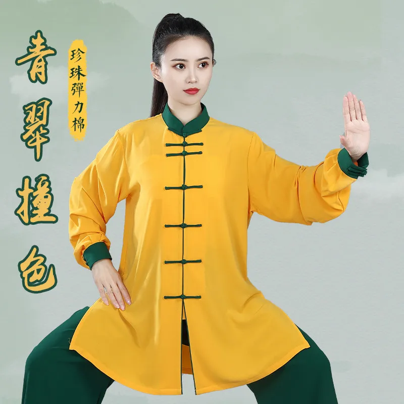 Custom Women's Mid-Long Pearl Cotton Embroidery Tai Chi Suit - Spring Autumn Martial Arts Performance Practice Uniform