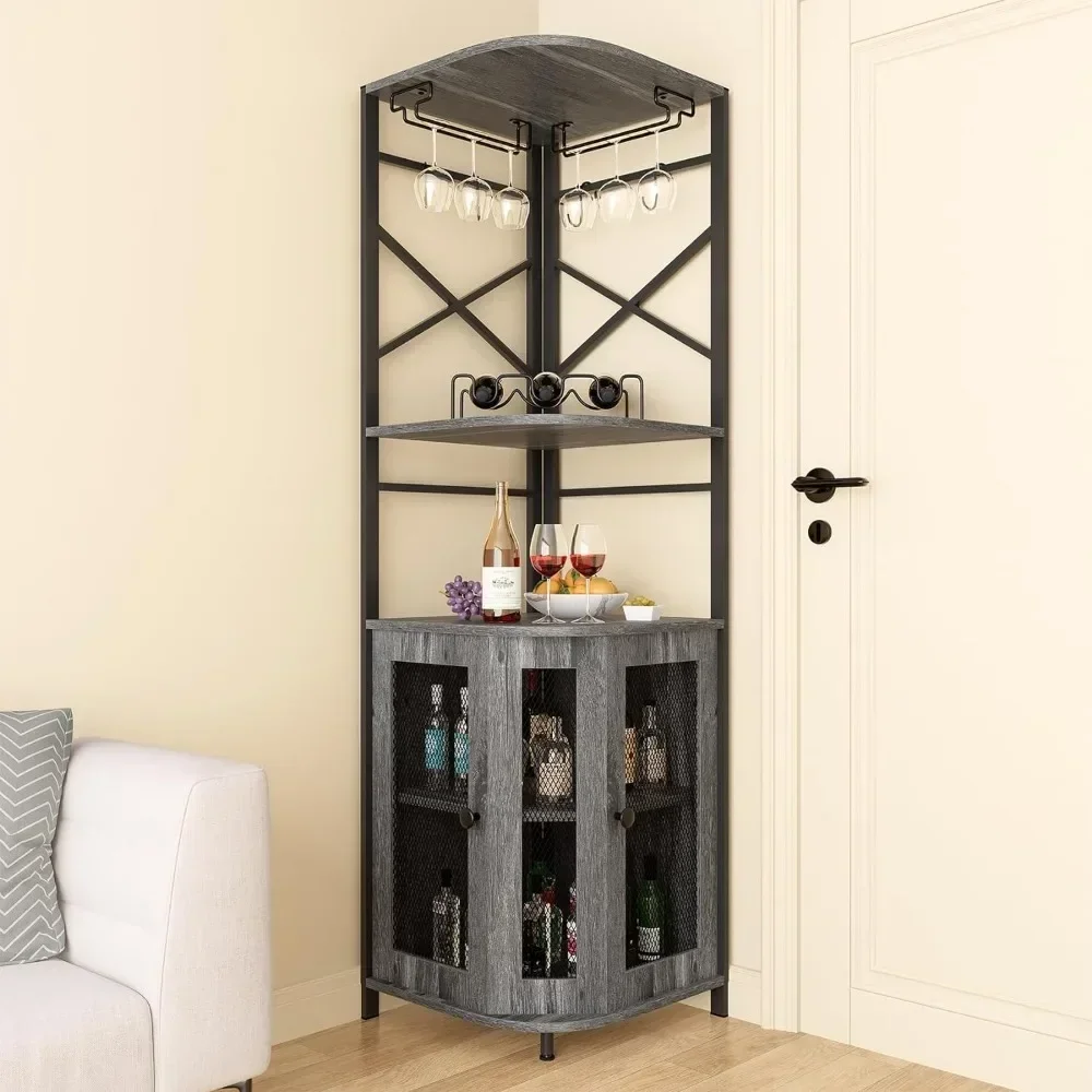 Bar Cabinet with Wine Rack and Glass Rack, Corner Cabinet with Adjustable Shelves, Home Wine Cabinet Bar,