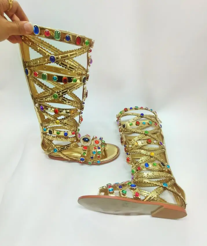Summer Women Metallic Crystal Gladiator Sandals Back Zipper Colorful Gemstone Hollow Out Flats Femmes Sandales Boots Party Shoes