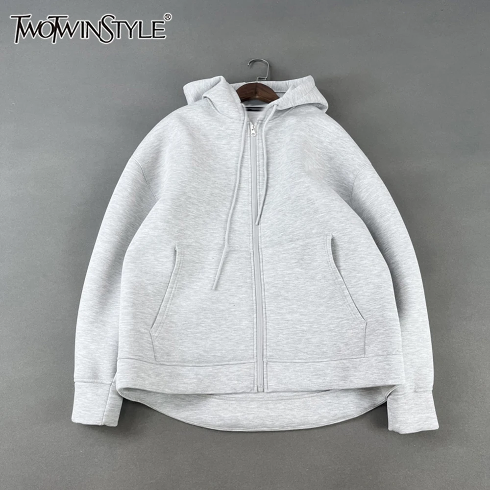 

TWOTWINSTYLE lazy style loose silhouette jakcets For women hooded long sleeve spliced zipper casual coat female new KJA549874