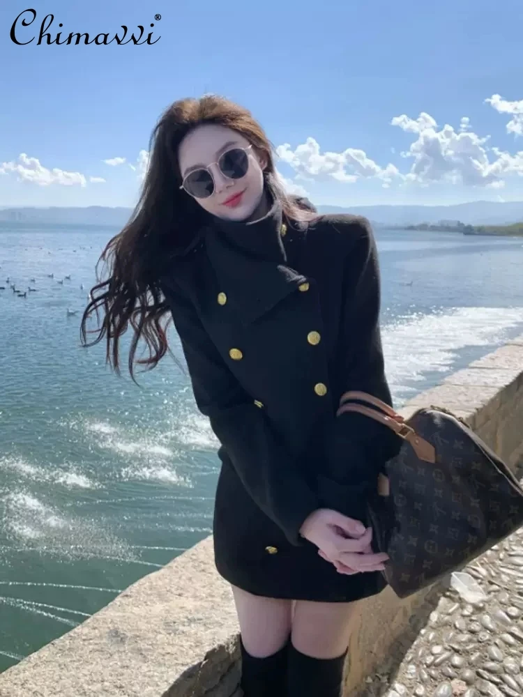 High-end Classic Fashion White Woolen Coat Women Autumn and Winter New Slim Elegant Long Sleeves Mid-length Black Woolen Coats