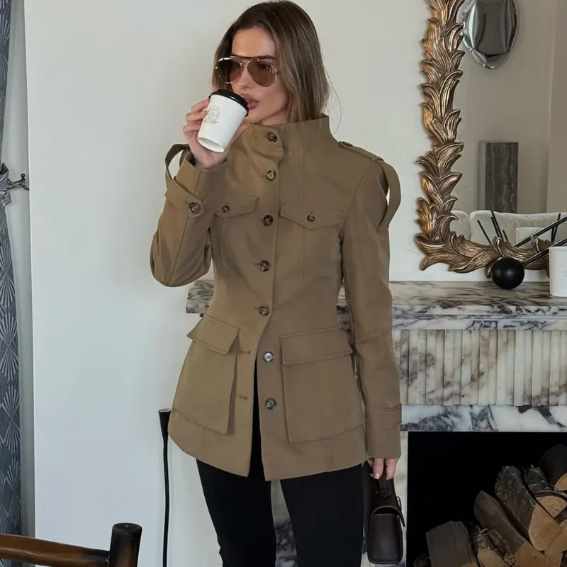Jaket Wanita Vintage Talenza Model Slim Fashion Lengan Panjang Kancing Satu Baris Mantel Berkantong Jaket 2025 Streetwear Wanita Terbaru