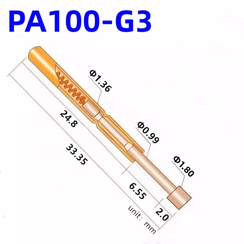 100PCS PA100-G3 Spring Test Probe PA100-G Test Pin P100-G P100-G3 Test Tool 33.35mm 1.36mm Needle Gold Tip Dia 1.80mm Pogo Pin