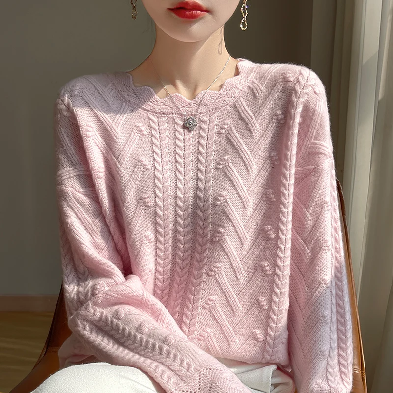 

Women 100% Merino Wool Fashion Lace O-Neck Woolen Long Sleeves Sweater Pullover Cashmere Solid Color Versatile Clothing Top