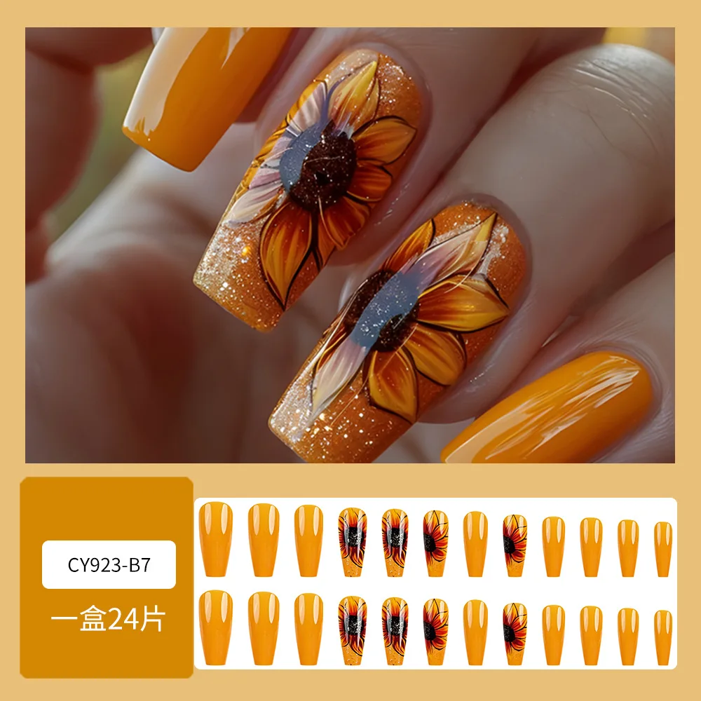 24 stks Doodskist Herfst Geel Kunstnagels met Zonnebloem Glitter Ontwerpen Druk Op Acryl Nagels Lange Ballerina Nep Nagels Wearable