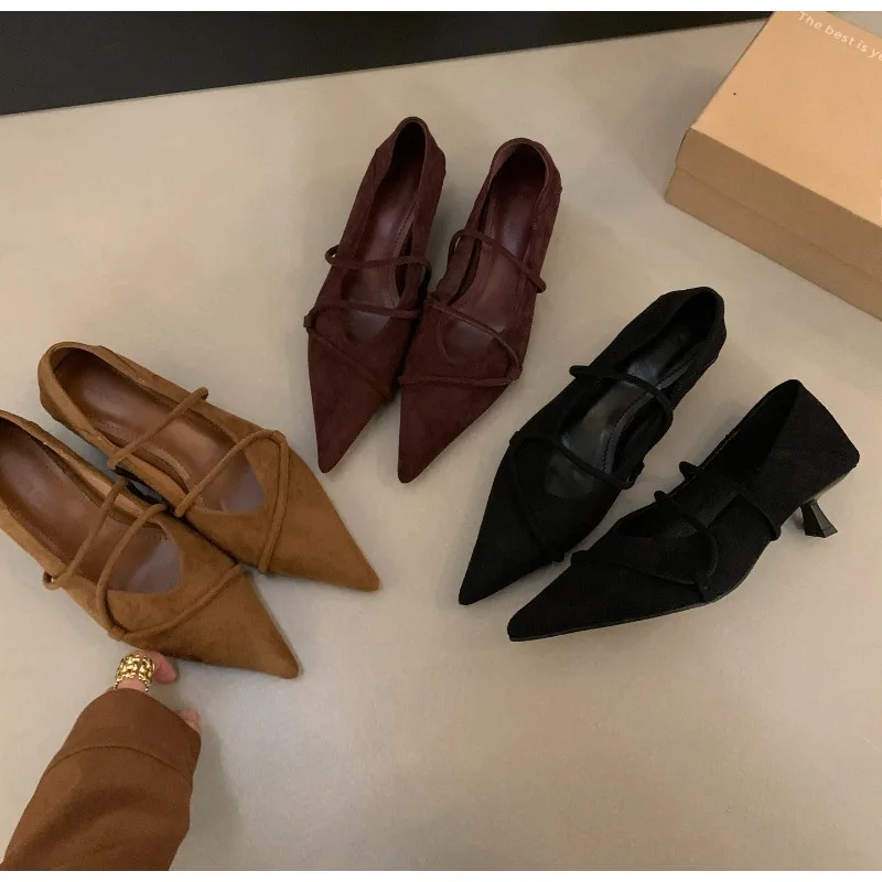 

Pointed Toe Kitte Heel Women's Comfort Moccasin Buckle Strap Mary Janes Brand Mujer High Heel Pumps Dress Shoes Zapatos Mujer