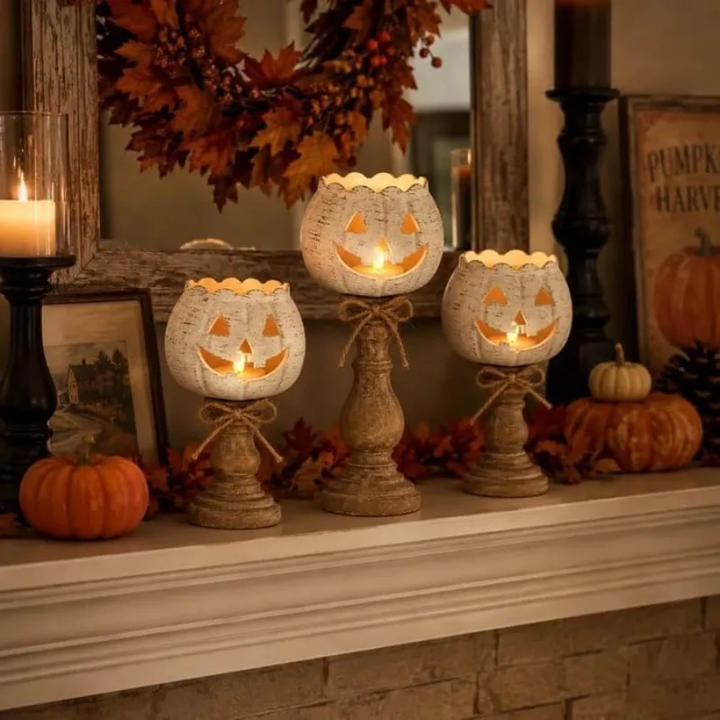 1-4PCS White Pumpkin Tealight Holder Farmhouse Style Lantern for Fall Halloween Table Mantel Shelf Candle Decor for Table