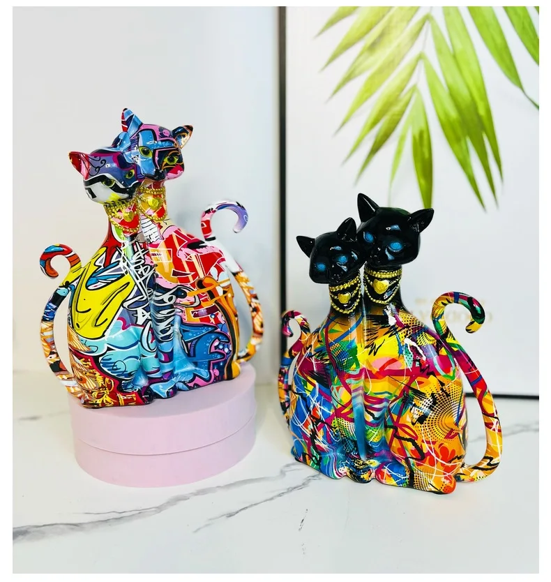 Delicacy Handwork Colorful Doodle Animal Cat Home Living Room Office Desktop Resin Arts And Crafts Decoration Gift