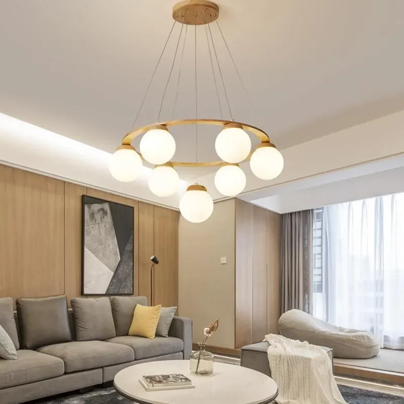 Nordic Pendant Lamp For Kitchen Island Decor Modern Dining Room Wood LED Chandelier E27 White Glass Ball Hanging Light Fixtures