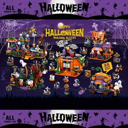 1328PCS Halloween Street Party Building Blocks Pumpkin Carriage House Ghost Park Model Bricks Diy Toys For Kids Holiday Gifts