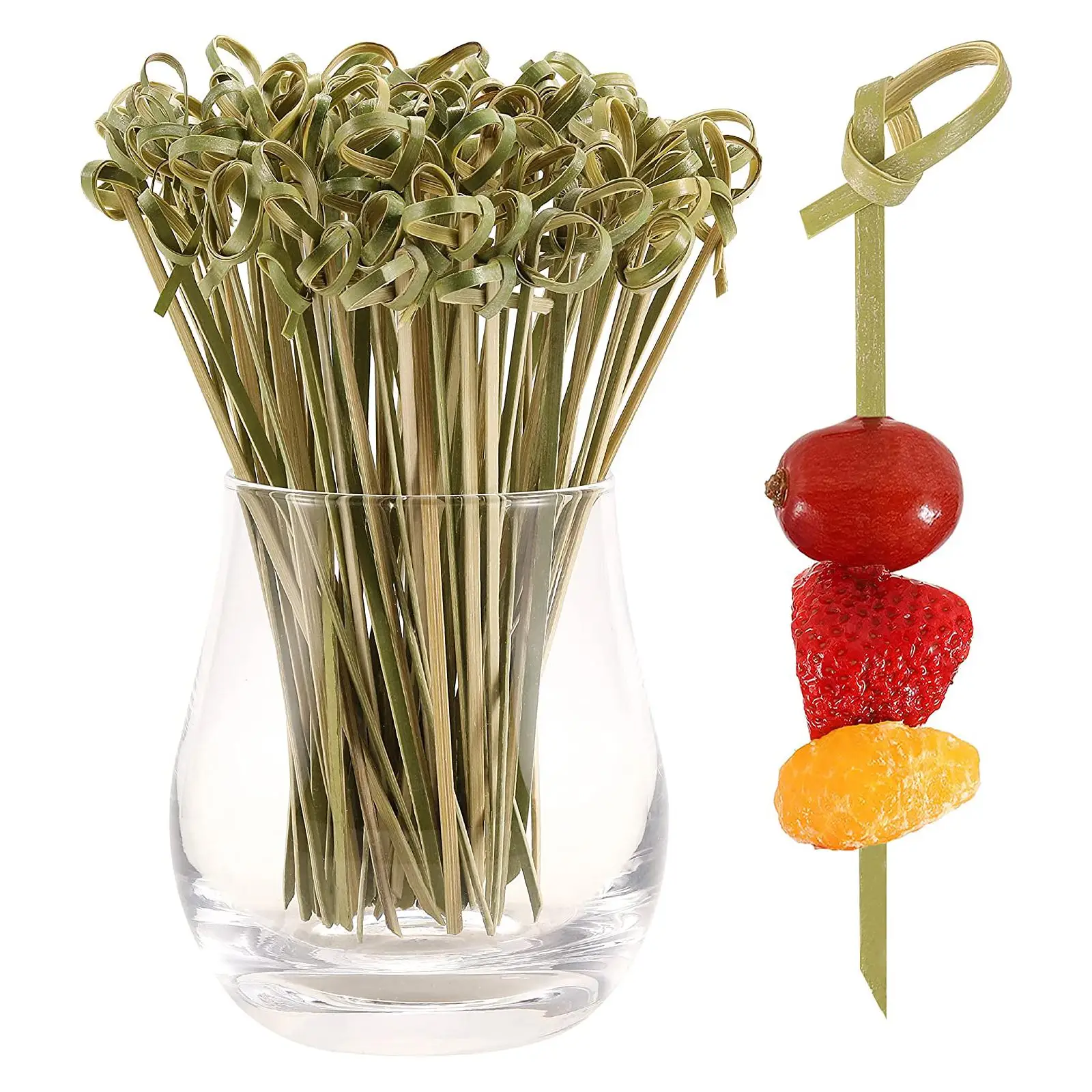 100pcs Disposable Green Flower Knot Bamboo Knot Skewers With Twisted Ends Fruit Desserts Fork Bamboo Sticks Party Tableware