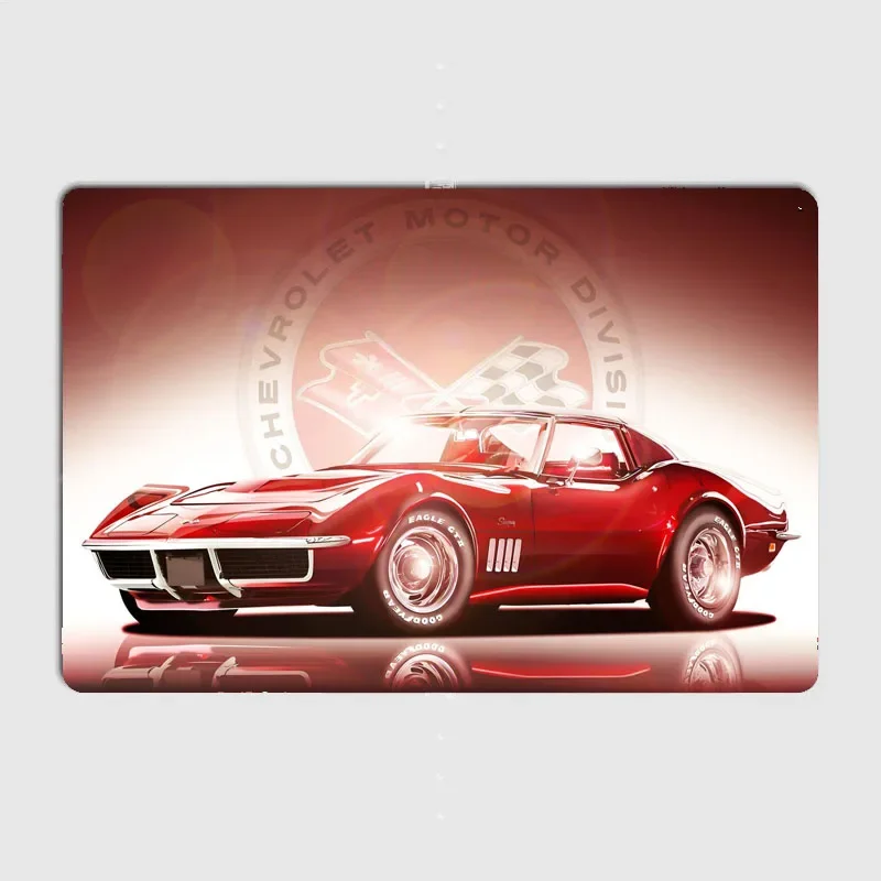 Red Corvette Classic Car Posters Metal Sign Poster Garage Living Room Cinema Living Custom Tin Vintage Home Decor