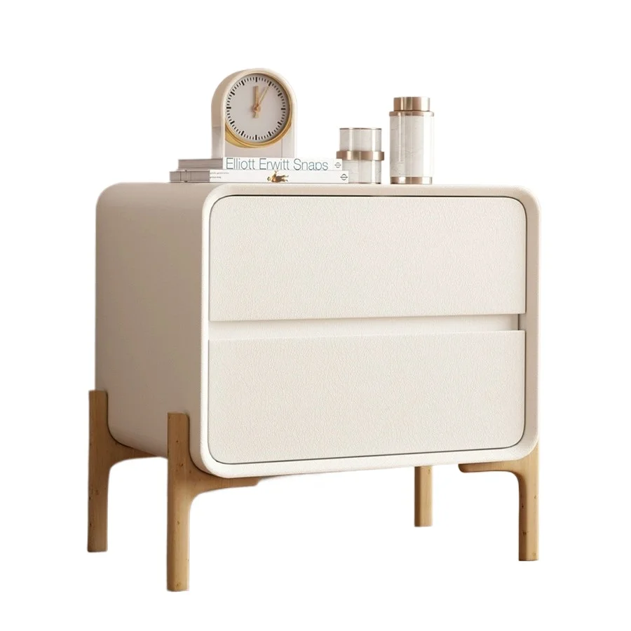 Solid Wood Kids Nightstand for Modern Minimalist Italian Style Cream Color Bedroom Bedside Cabinet with Luxury Feel Simple