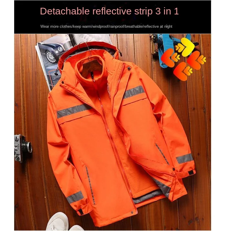 Customized three in one thick reflective jacket with winter stormtrooper windproof work suit, printed logo jacket