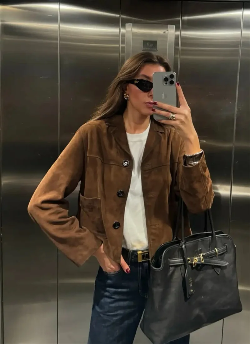 レディースジャケット ブラウン スエード ショートブレザー 柔らかく暖かい 秋 カジュアル ファッションスタイル