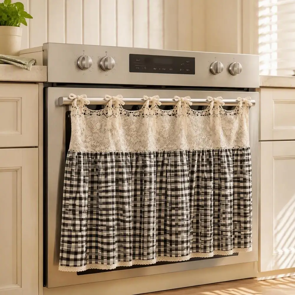 Easy Install Strap Oven Shade Kitchen Oven Handle Cover Farmhouse Stove Skirt with Plaid Crochet Lace Cotton Blend Oven Curtain