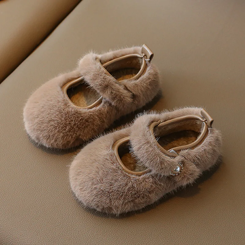 Luxury Manmade Mink Fur Ballet Flats for Baby Girls Winter Warm Loafers Kids Thick Plush Mary Jane Shoe With Rhinestone  Buckles