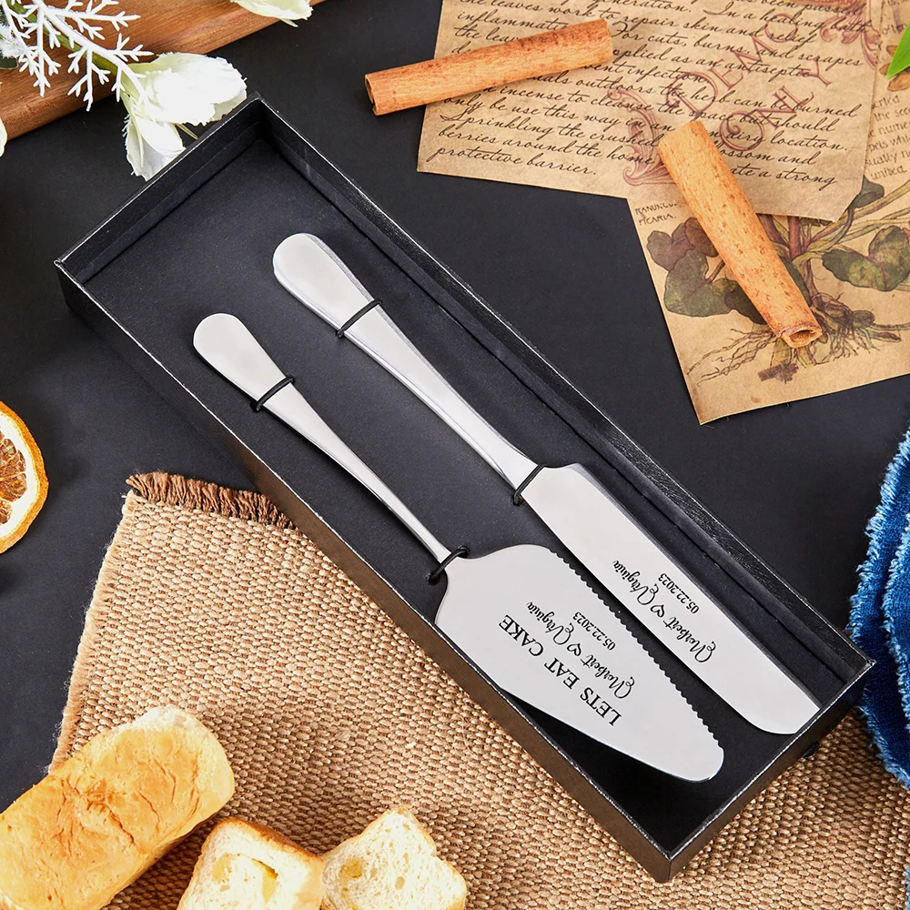 Personalised Cake Knife and  Serve Set Wedding Birthday Supplies Luxury Engraved Tableware Cake Cutter Spatula Set with Gift Box