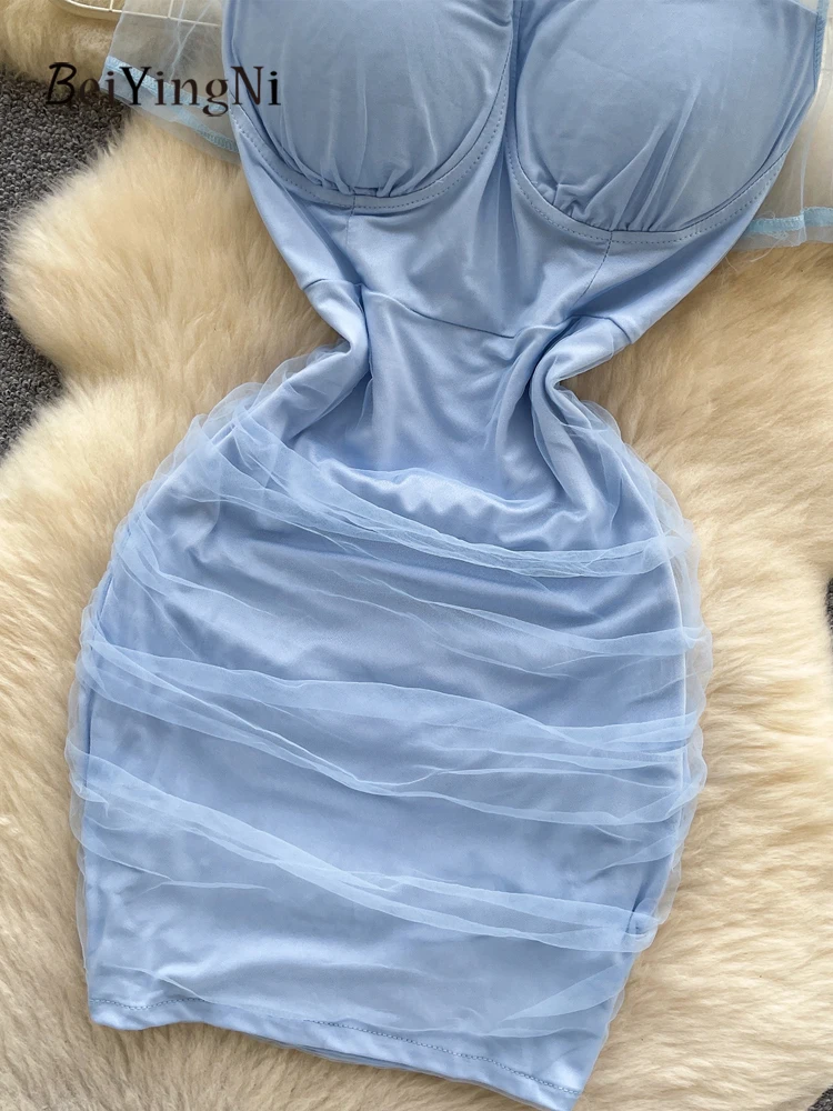 Beiyingni Mesh Patchwork Women Bodycon Mini Dresses Sexy Club French Slim Fit Pink Short Dress Female Ruched Pack Hip Vestidos