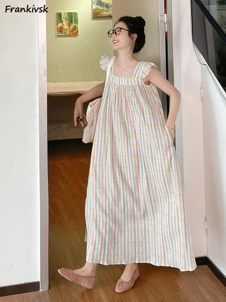 Summer Nightgowns Women Straight Flying Sleeve Colorful Striped Sweet Ankle Length Daily Classic Hipster Prevalent Exquisite