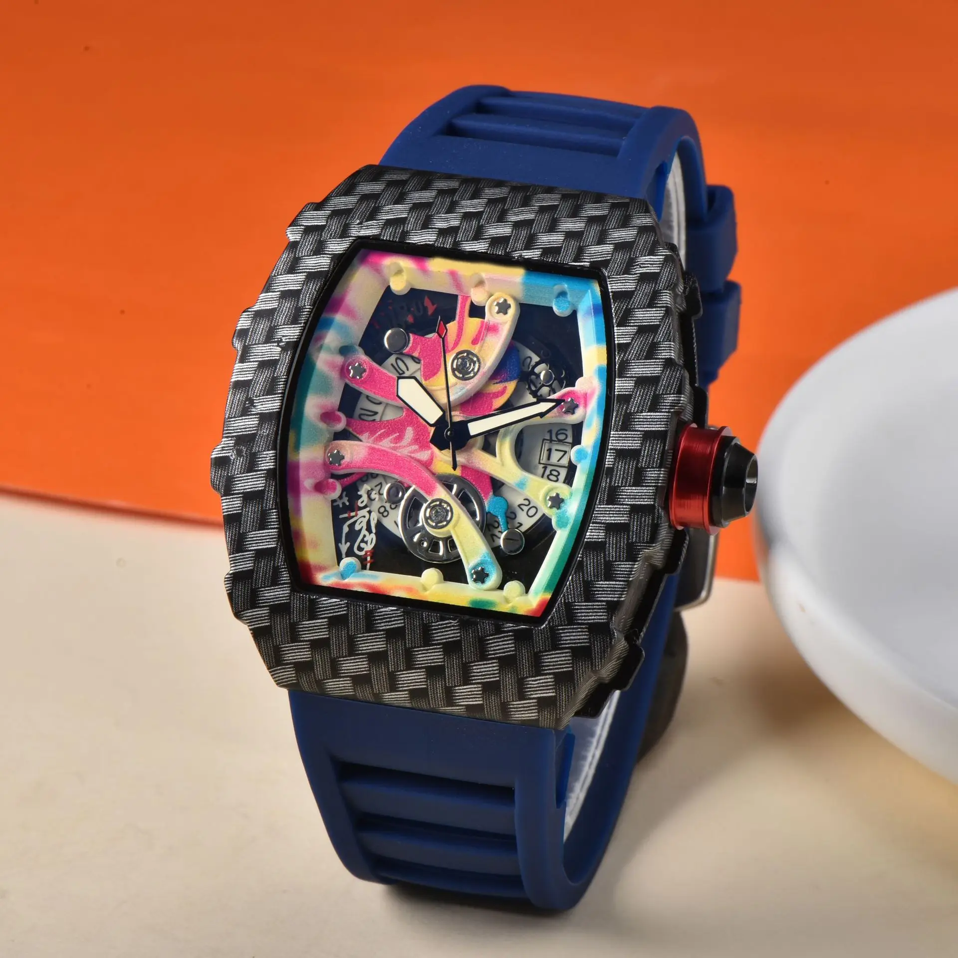 YFY wine barrel type carbon fiber hollow fashion trend single calendar quartz watch men