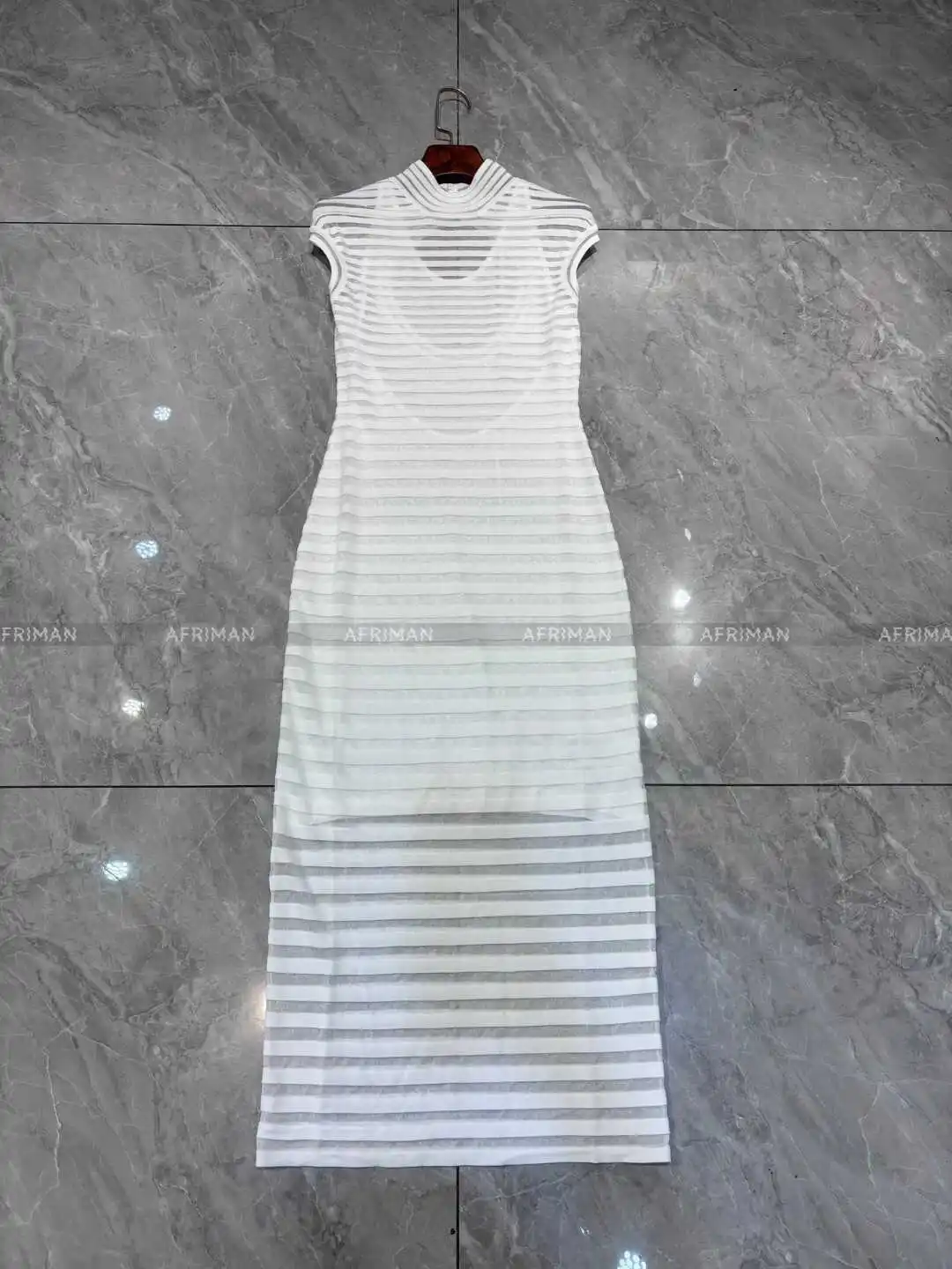 Women Chinese Mandarin Collar Little Perspective Hollowed Out Horizontal Striped Sexy Backless Knitted Long Dress image 4