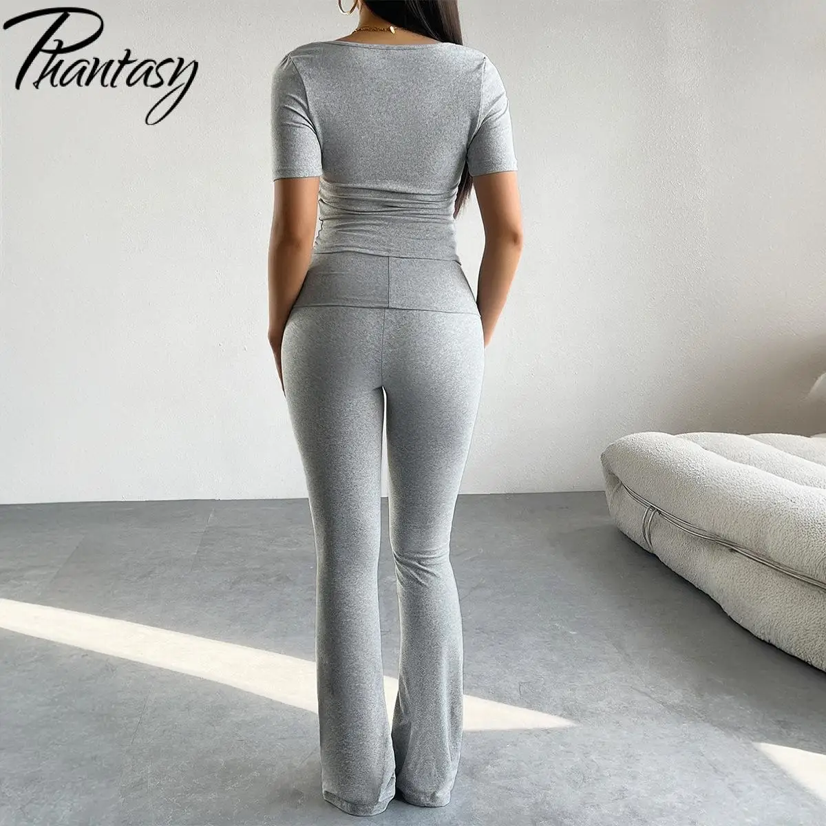 Phantasy Y2K Women\'s Two-Piece Set Pants Suits Grey Yoga Fitness Trousers Fashion Casual Tops Slim Streetwear Summer Outfit