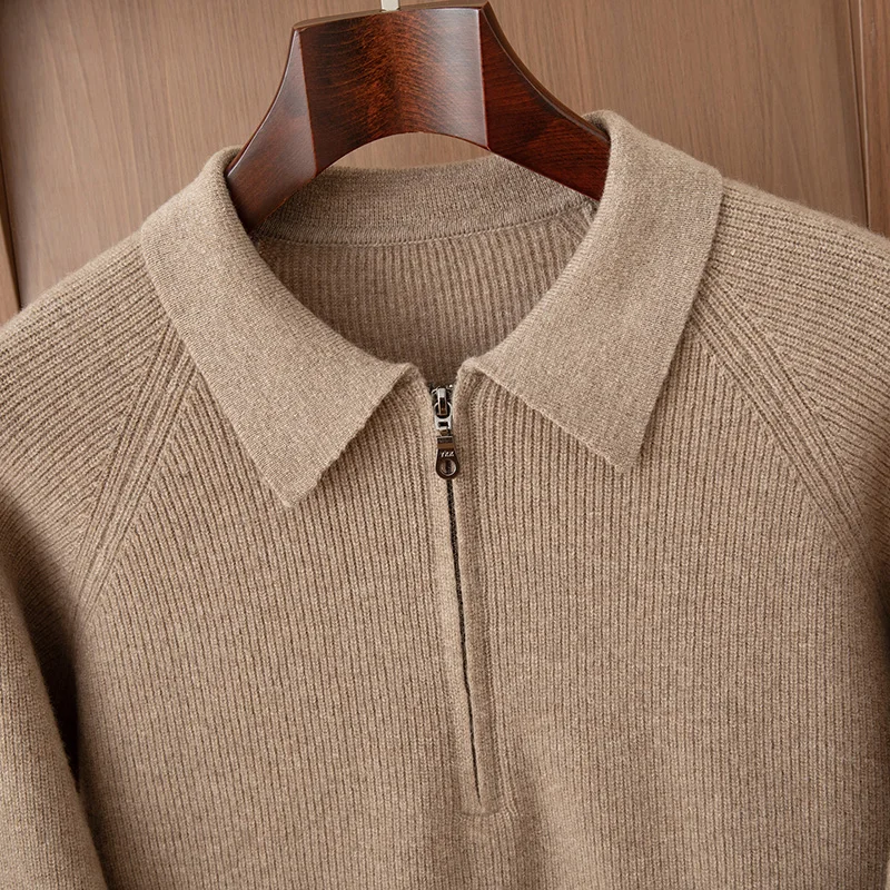 

Fall/Winter 100% Pure Wool Men's Lapel Pullover Sweater Business Knitting Casual Bottoming Cashmere Sweater Top