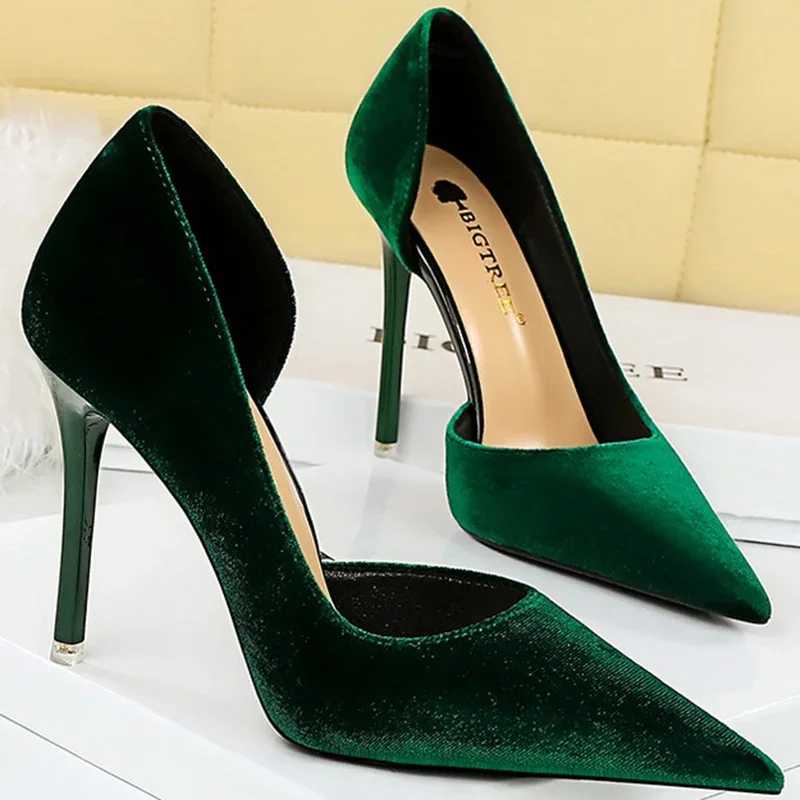 Fashion Women 10.5cm Thin High Heels Shoes Lady Pointed Toe Velvet Stripper Pumps Green Purple Escarpins Wedding Bridal Shoes