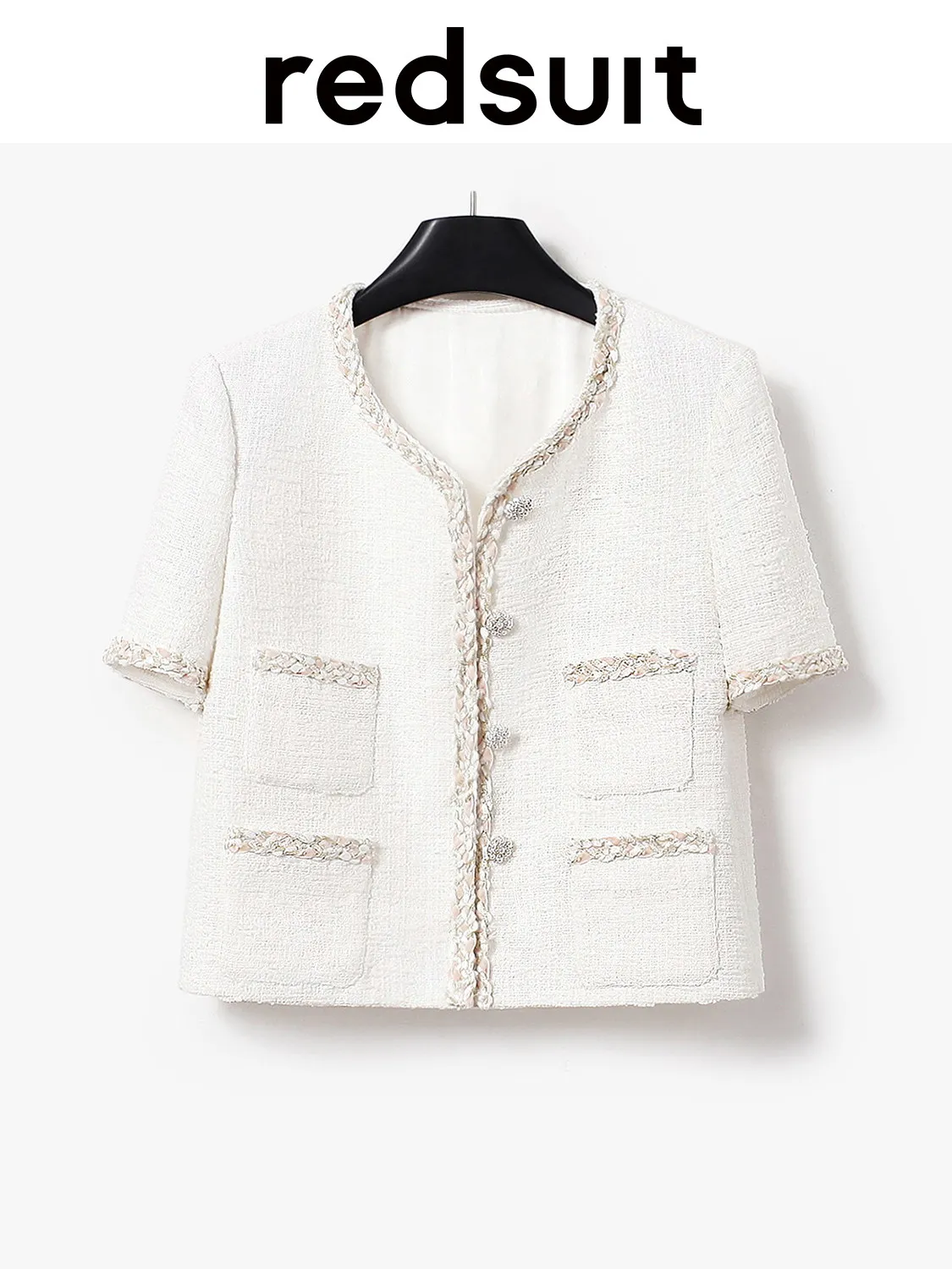 New Fashionable gentle white lightweight tweed jacket with round neck short sleeved top Custom Sizes
