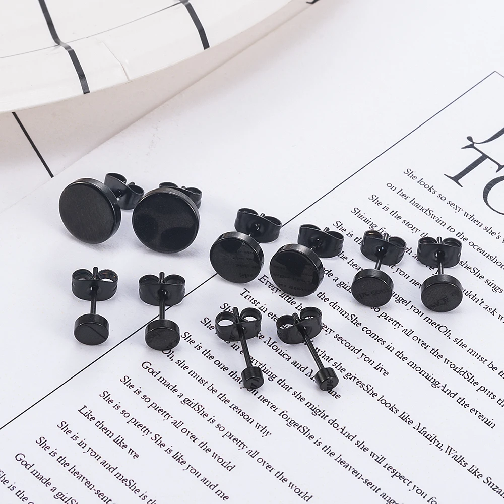 Fashion Women Men Black Round Stainless Steel Simple Ear Studs Earrings 5 Size Punk Earring Jewelry