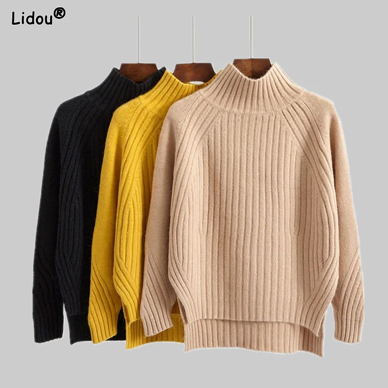 

Asymmetrical Patchwork Mock Neck Solid Office Lady Loose Casual Autumn Winter Thick Sweaters Screw Thread Women's Clothing 2022