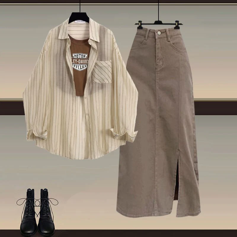 

Женский комплект для защиты от солнца больших размеров: полосатая рубашка, жилет и юбка-полусолнце, три предмета, защита от УФ-излучения, повседневный стиль, летняя одежда