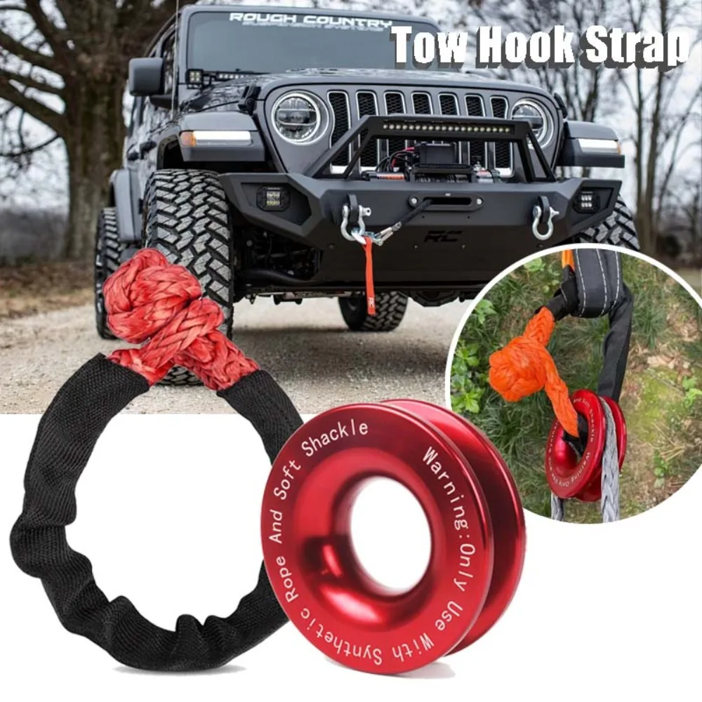 Tow Hook Strap Rescue 55000lbs Winch Rope Synthetic Soft Shackle+Recovery Ring Set Rugged Shackles for Truck Vehicle Recovery