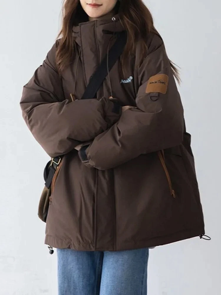 

Coffee Cotton Padded Jacket Women 2023 Korean Winter Parkas Loose Solid Warm Snow Bubble Bread Coat Streetwear