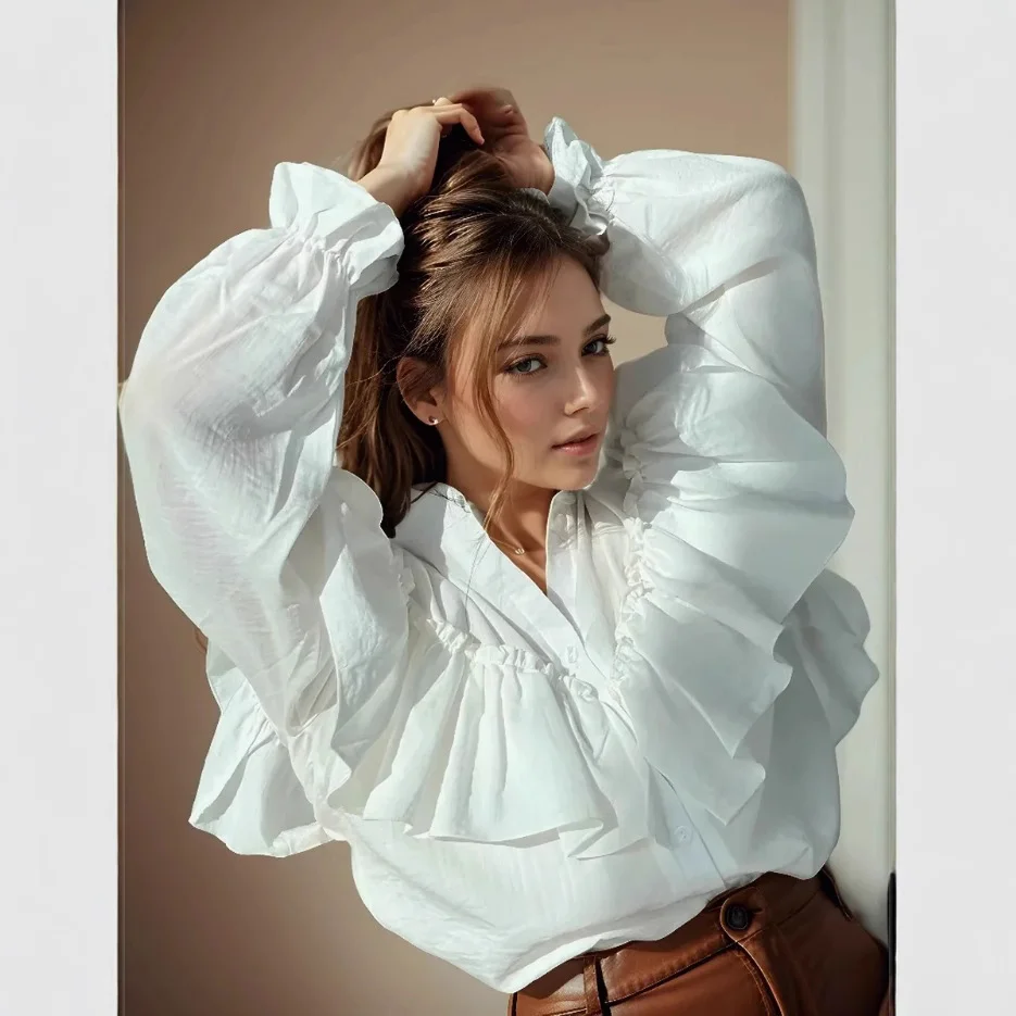 

White Shirt Women's Spring Autumn O-Neck Street Fashion Stacked Embellished Ruffle Shirt Long Sleeve Top Button Decor Blouse Top
