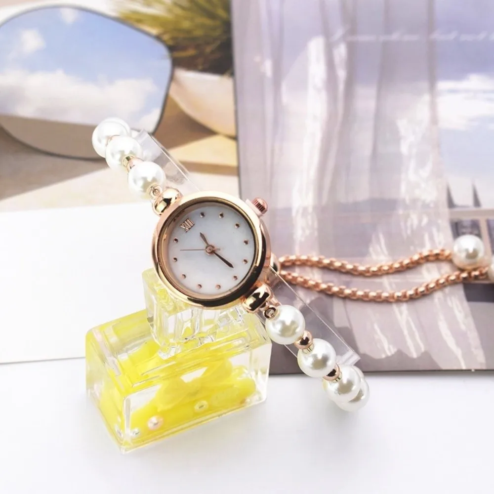 Round Dial Pearl Bracelet Watch Elegant Minimalist Women Quartz Watch Adjustable Drawstring Chain Delicate Small Dial Watch Gift