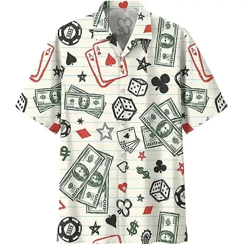 Casino Poker Dice Pattern Beach Shirt For Men Money 3D Printed Hawaiian Shirts Holiday Short Sleeve Lapel Top Loose Women Blouse