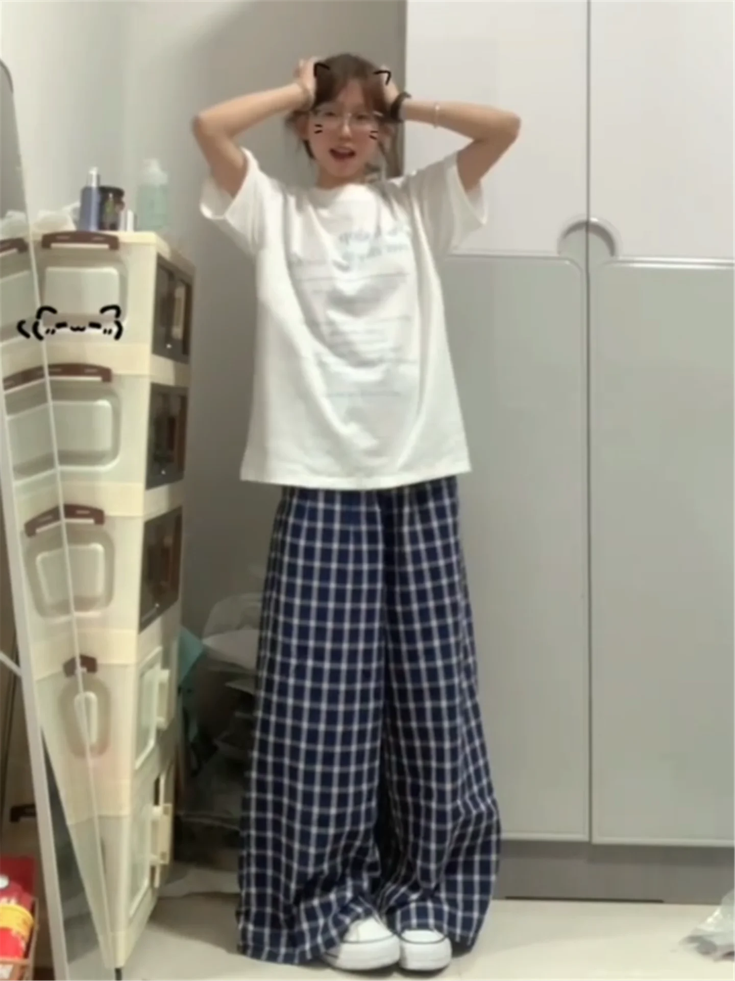 

Синие клетчатые повседневные брюки с широкими штанинами для женщин, летние свободные брюки в пол, утягивающие, больших размеров, с низкой талией, прямого кроя, из хлопка