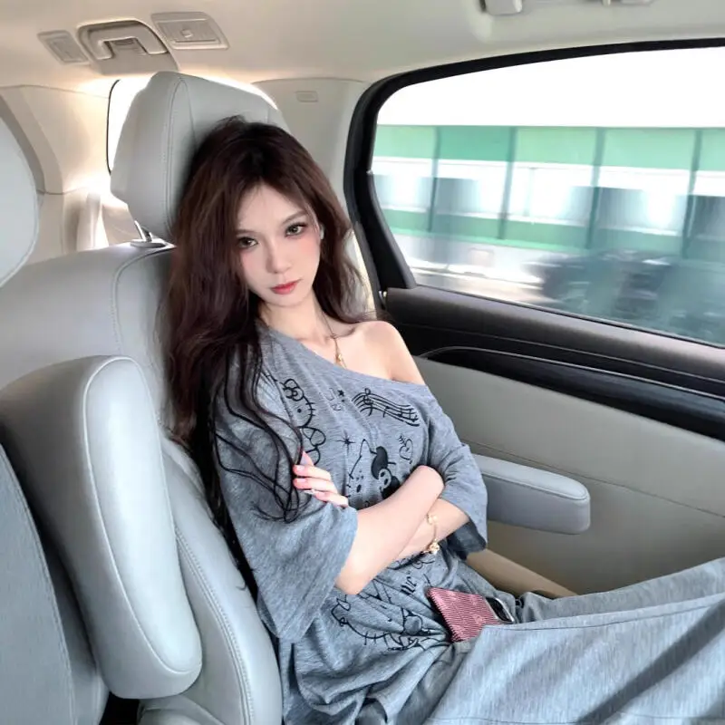 Sun Protection Blouse Hello Kitty Slanted Shoulder Cartoon Tops Thin Off-Shoulder Sanrio Girl Print Age-Reducing Fashion Leisure