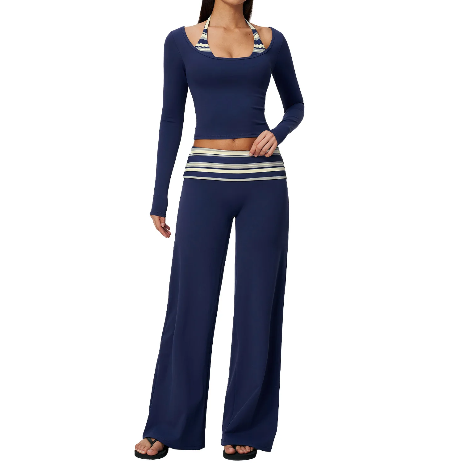 DINGPAI Women 2Pcs Yoga Set Off Women Shoulder Long Sleeve Crop Top Striped Waist Wide Leg Pants Stretchy Fitness Gym Activewear