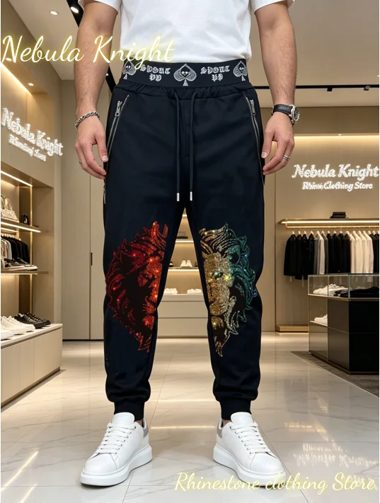 Men Daily Casual Summer Sweatpants Luxury Rhinestone Detail Elastic Waist Zipper Pocket Trend Streetwear Jogger Trousers