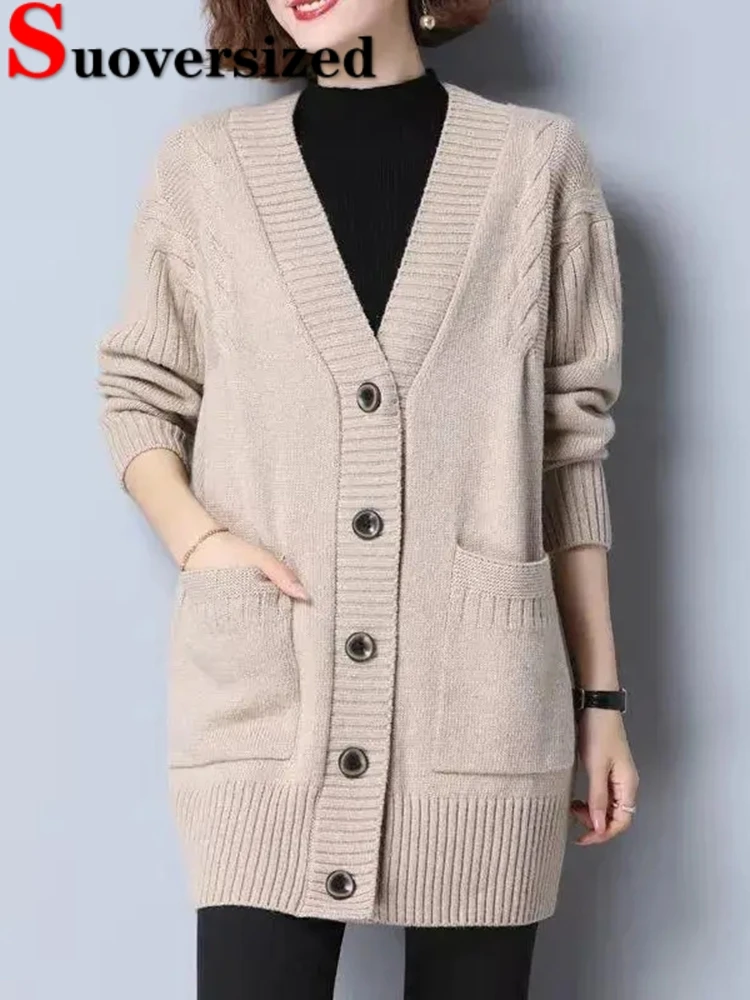 Oversized 5xl Knitted Cardigan Korean Long Sleeve V-neck Sweaters Thick Elegant Knitwears Tops Women Fall Winter Pocket Gilet