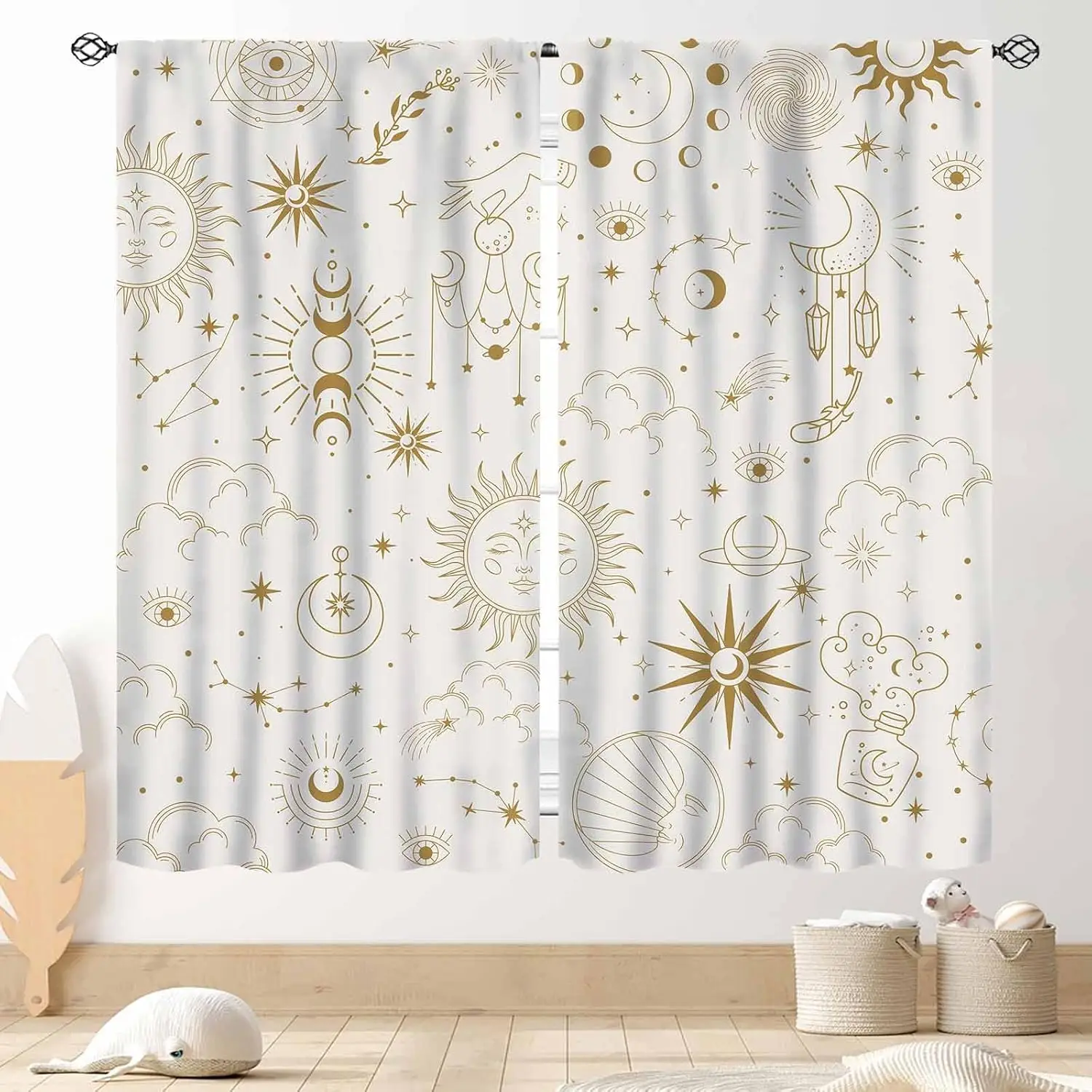 Gothic Sun Moon Curtains, Boho Witchy Moon Phase Celestial Tarot Constellation Mystical Star Cosmos Aesthetic Window Drapery